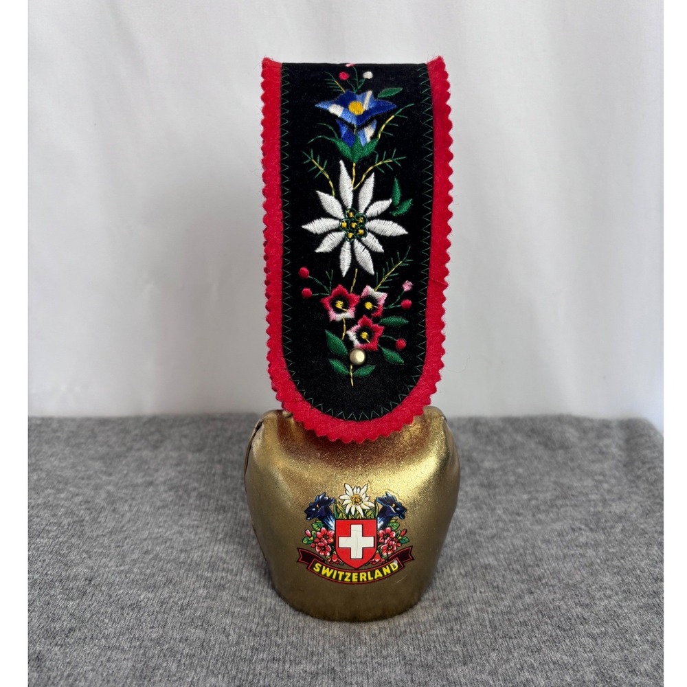 Vintage Switzerland Cow Bell Souvenir Floral Embroidered‎ Strap Edelweiss Gold